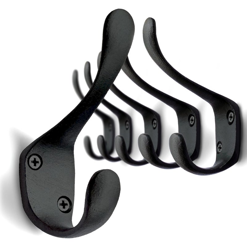 Ambipolar 5 Pack Decorative Cast Iron Heavy Duty Double Hooks, Wall Mounted Coat Hooks, Vintage Inspired (Antique Black) (Spoon Hook) - Image 1
